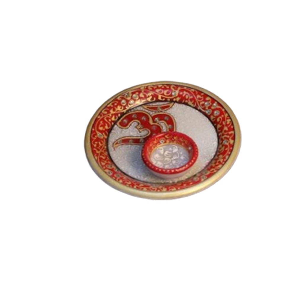 Decorative Meenakari Work Marble Round Pooja Thali with Printed OM